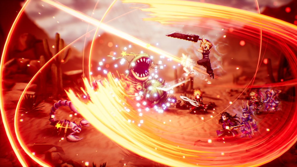 Cloud unleashing a Resonance Attack ultimate against a giant desert worm boss