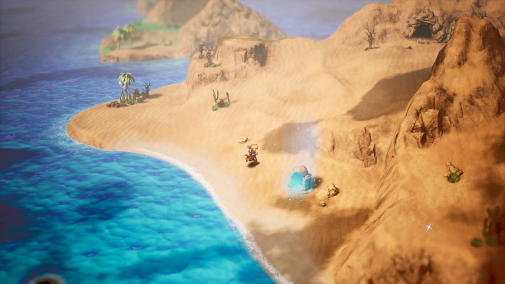 HD-2D overworld exploration on a coastal desert map, with a treasure chest half-buried in sand