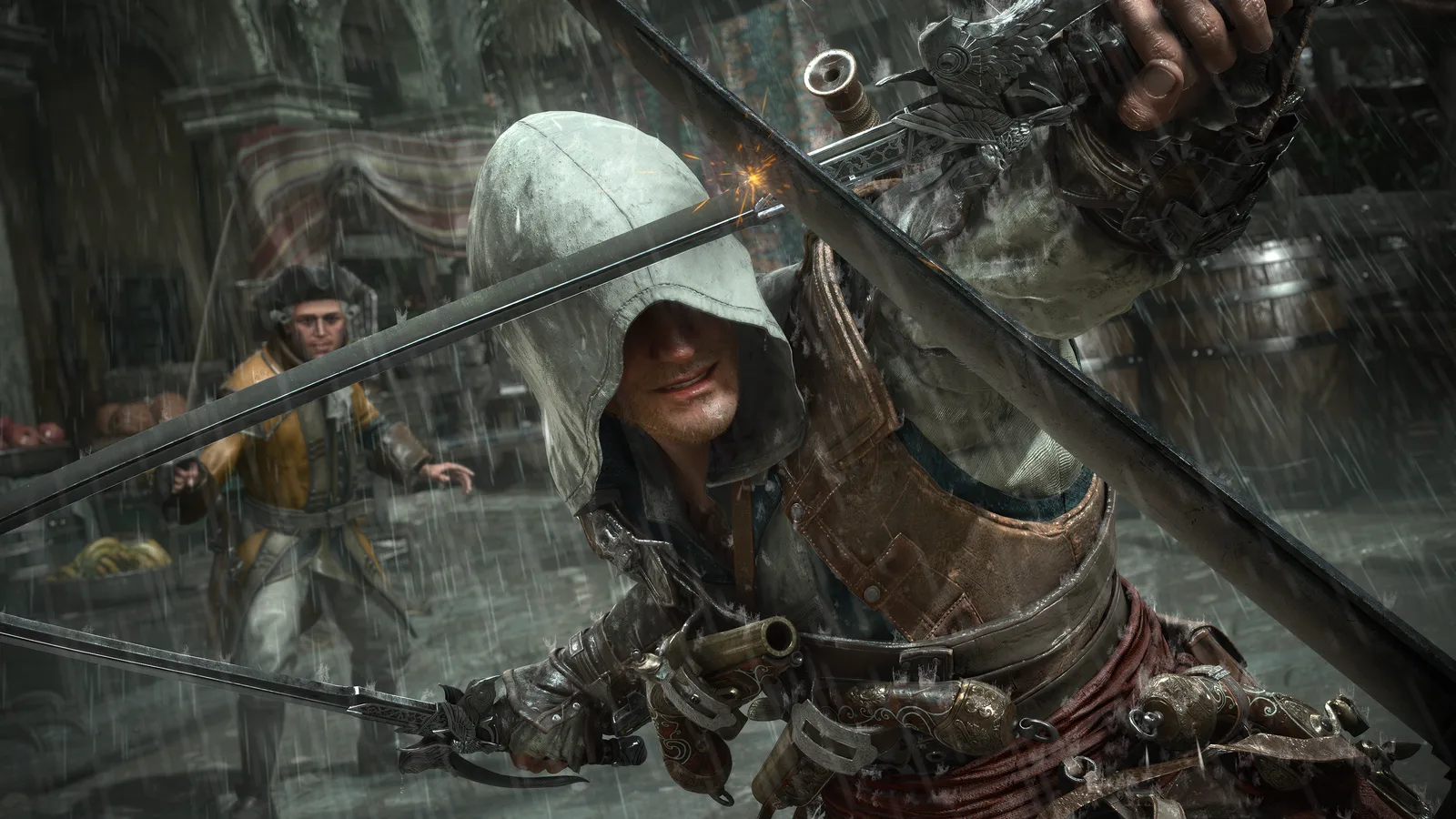 Edward Kenway landing a parry mid-combat