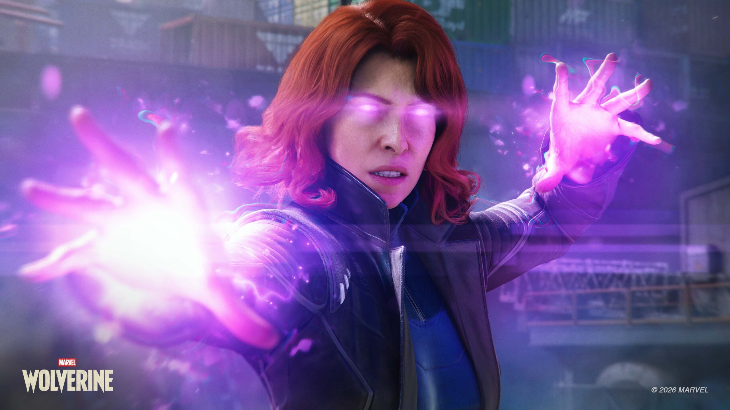 Jean Grey channels her telekinetic powers, hands raised and eyes glowing with a bright purple aura