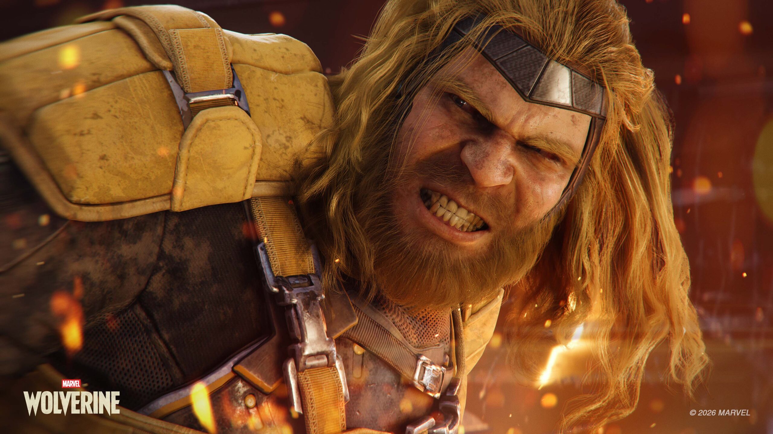 Sabretooth snarls with bared teeth, fire and falling embers behind him