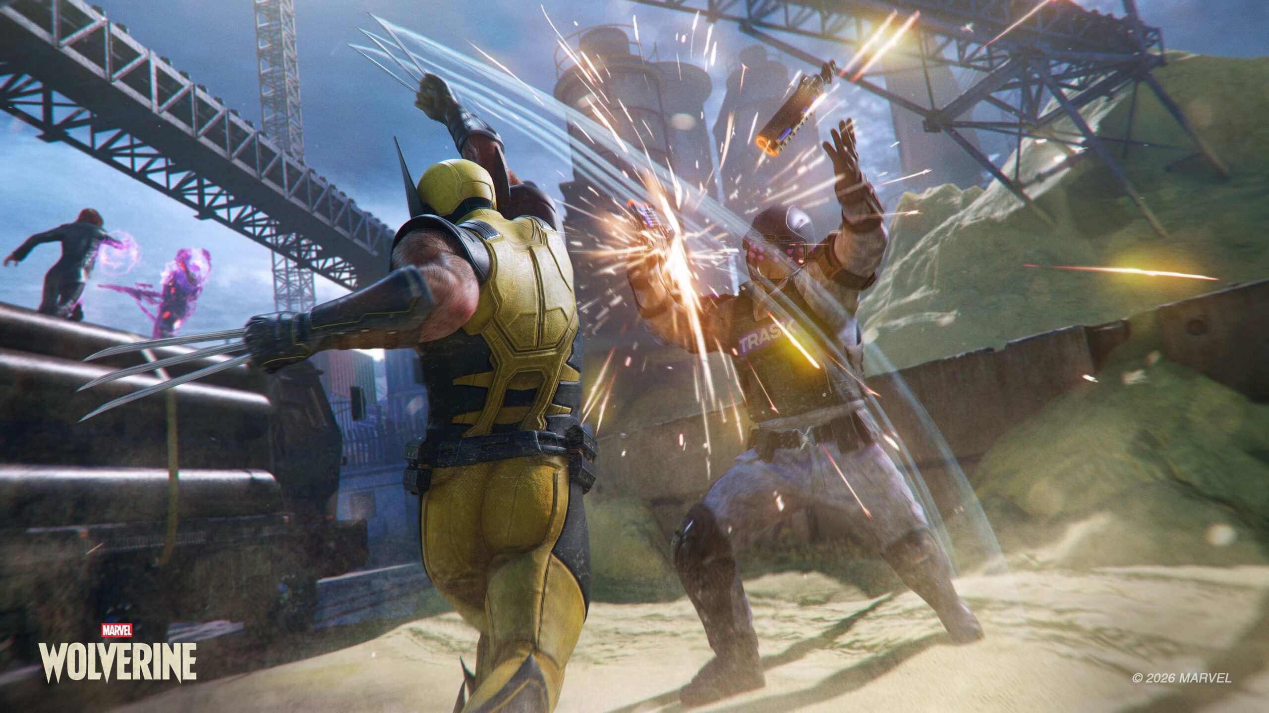 Wolverine slashes upward through a Trask grunt’s weapon while Jean Grey fights a Reaver atop a truck in the background
