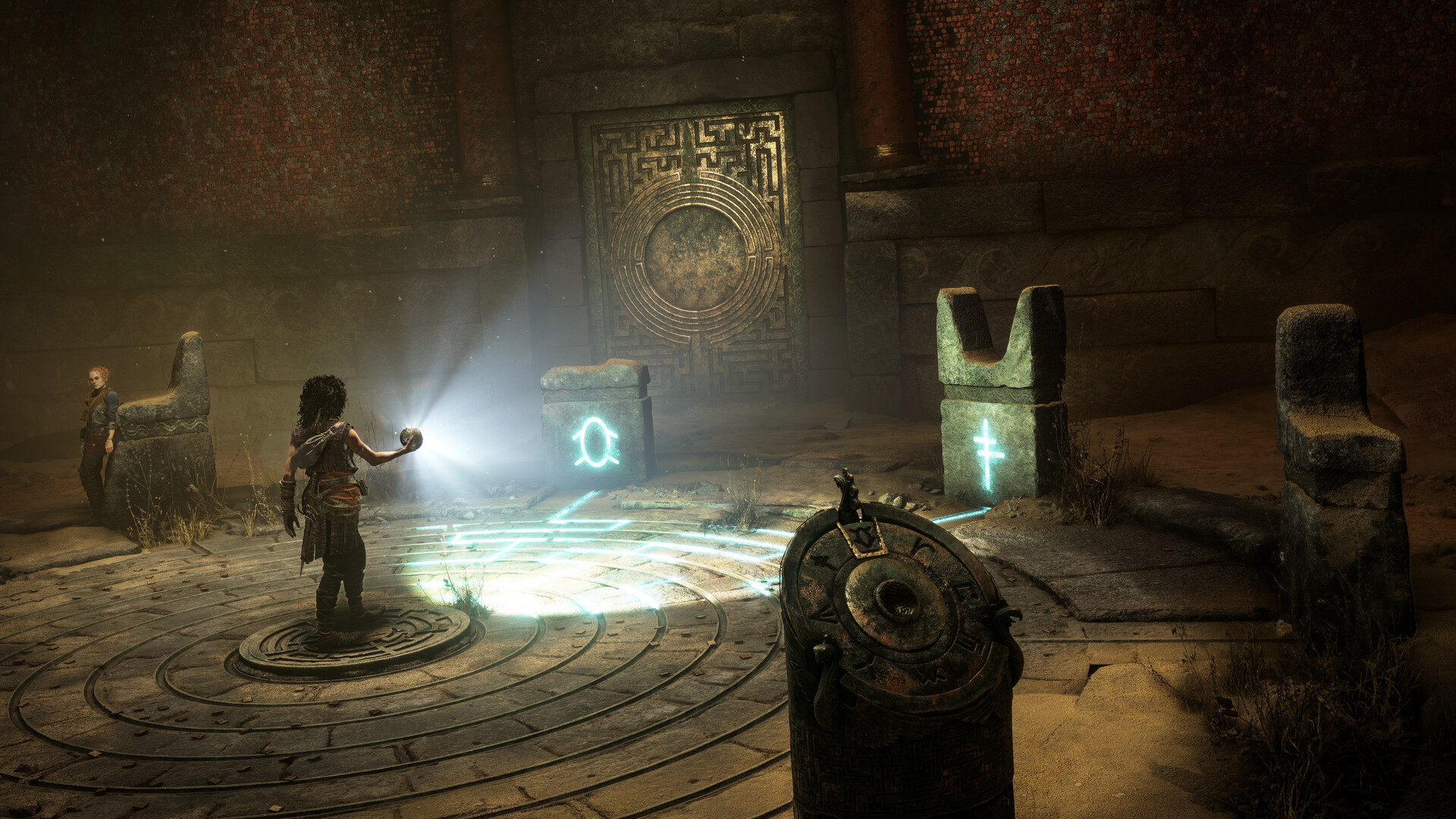 Sophia holds up a glowing Minoan sphere, projecting light onto illuminated sigils in a puzzle chamber