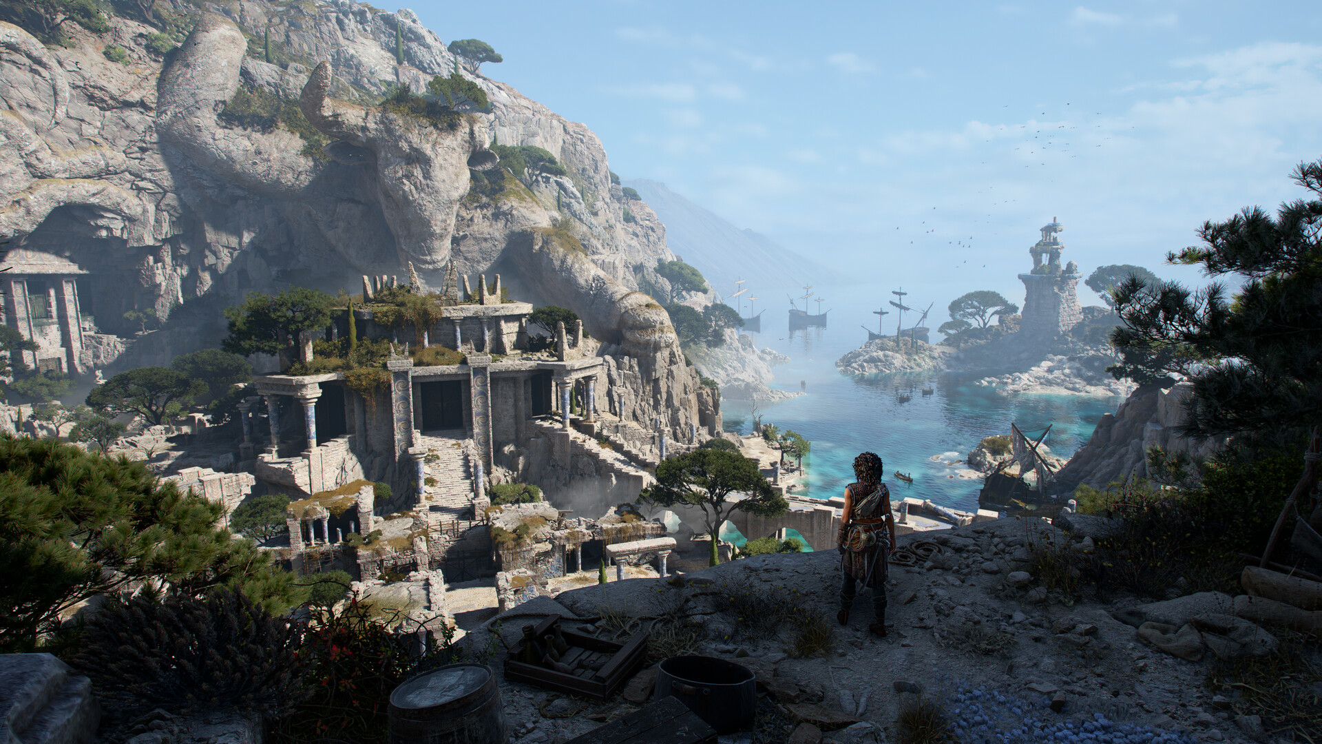 Sophia stands overlooking a ruined, bull-carved temple complex and a misty harbor on the Minotaur’s Island