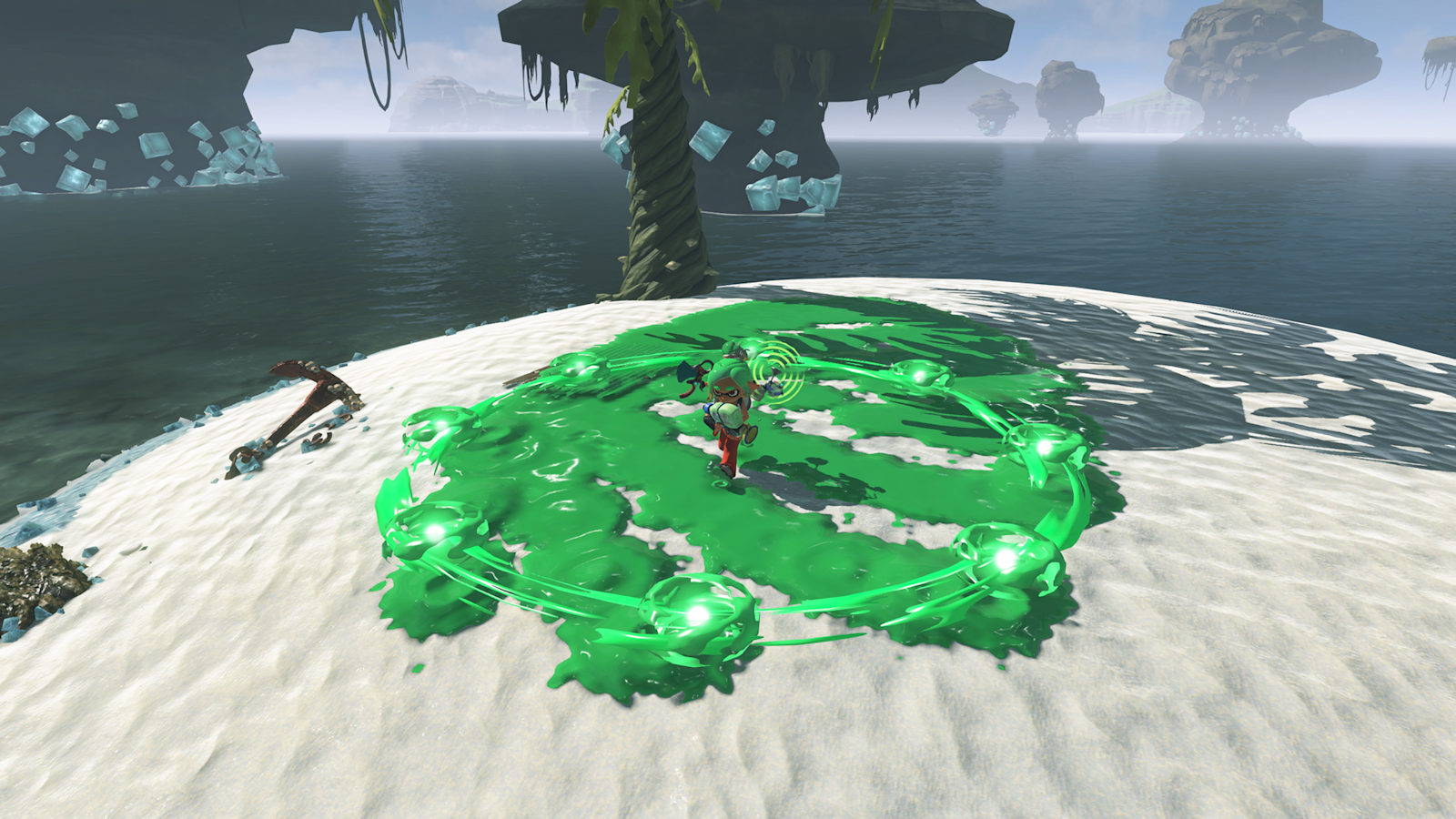 The Mechanic stands inside a ring of glowing green Gadget energy on a snowy island in Splatoon Raiders