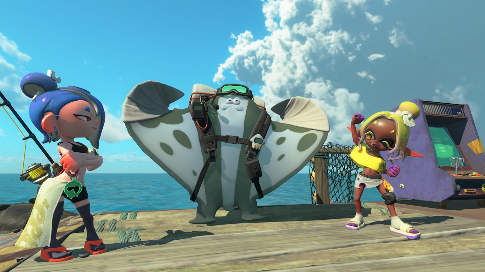 An Inkling in Mechanic gear stands on a snowy island alongside a ray-like companion and an Octoling on a dock