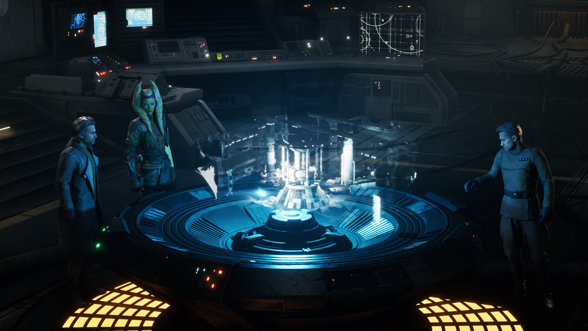 A Twi’lek operative and two officers study a holographic mission briefing aboard a command center in Star Wars Zero Company