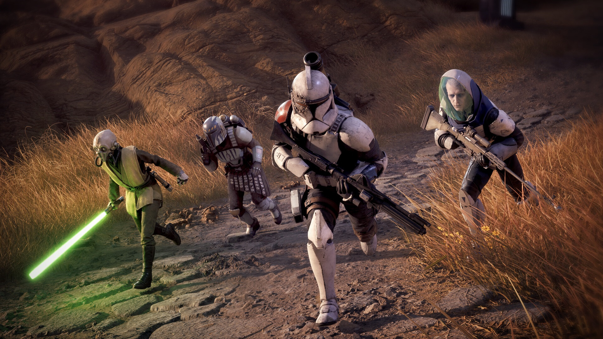 Hawks leads a Jedi, a clone trooper, and a Mandalorian-armored operative across a canyon path in Star Wars Zero Company