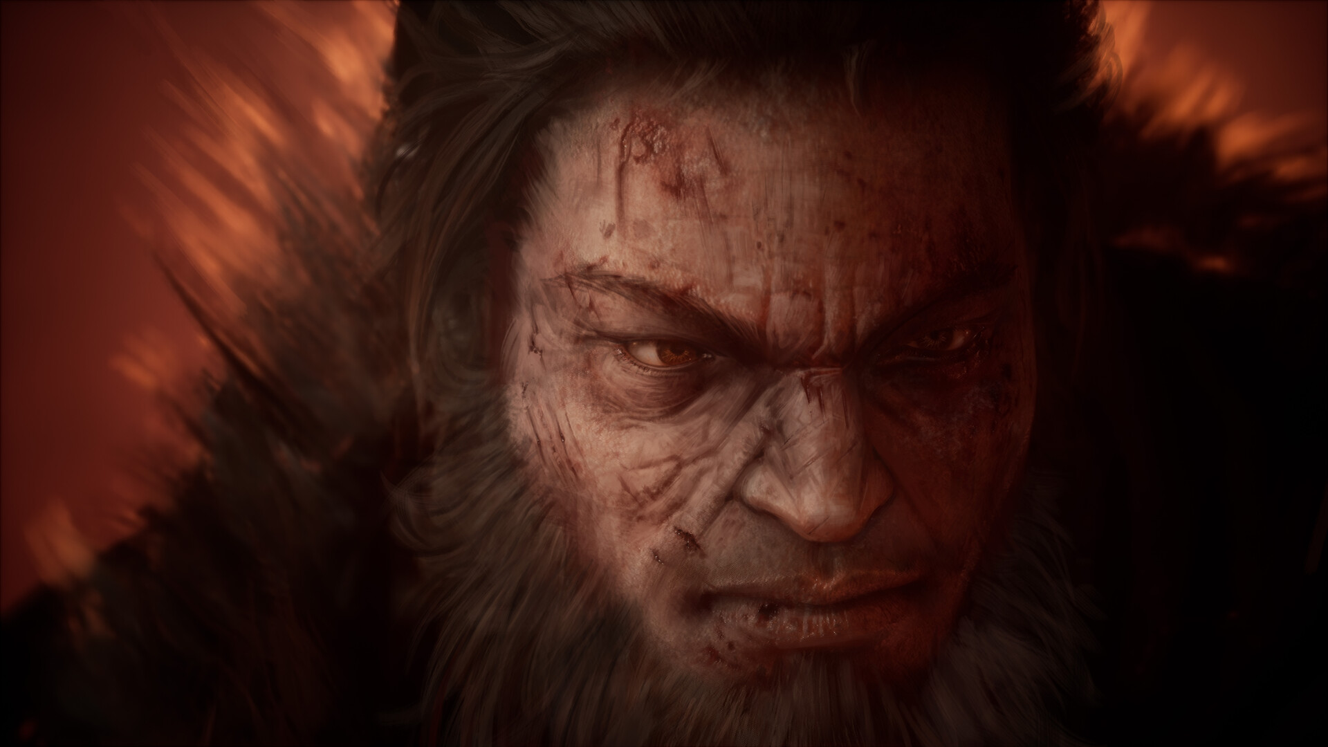 A blood-streaked, scarred face glowers beneath a fur hood in The Relic: First Guardian