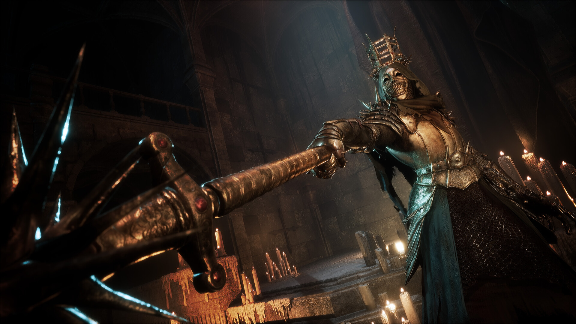 A skeletal, armored boss reaches out with a spiked sword in a candlelit cathedral in The Relic: First Guardian