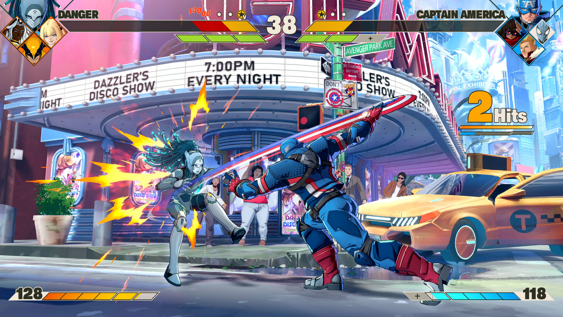 Danger fighting Captain America on a New York street stage in Marvel Tōkon: Fighting Souls