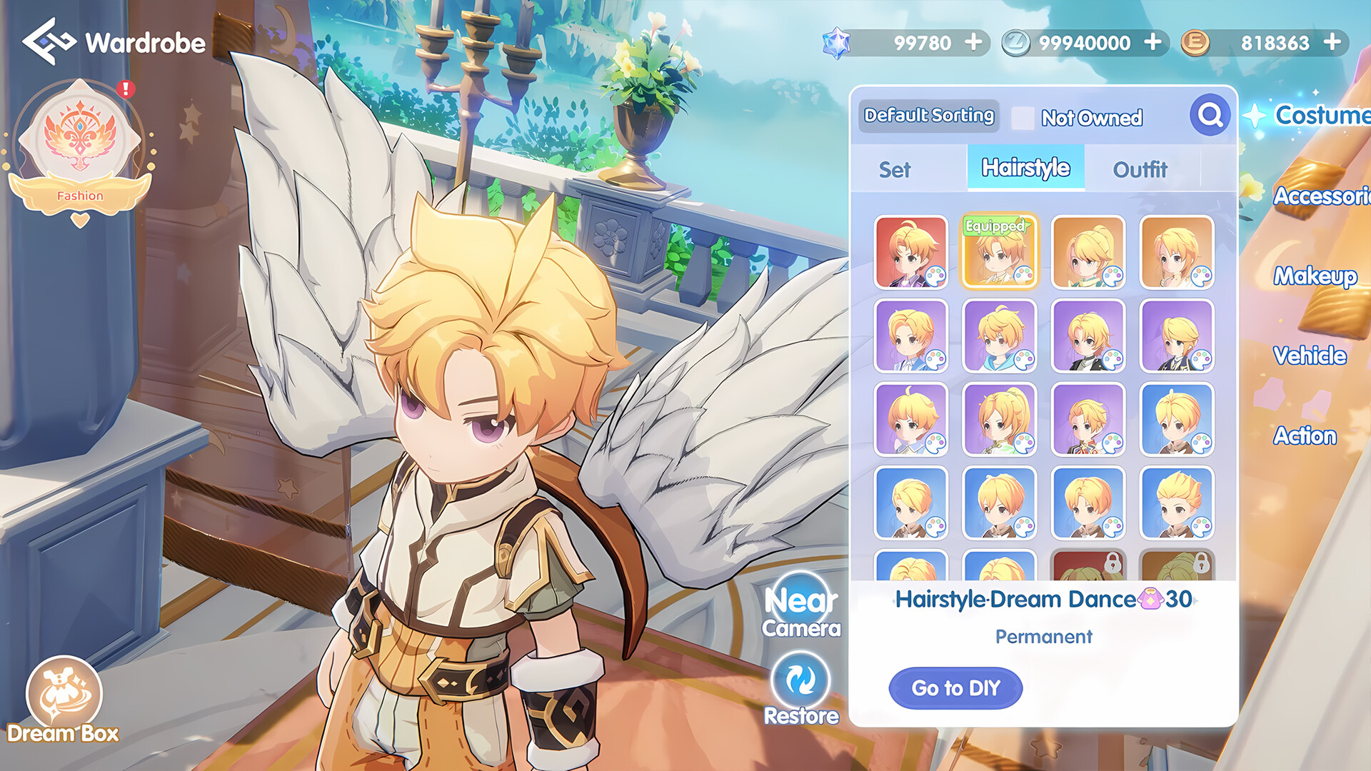 The in-game wardrobe screen, where costumes, hairstyles, and accessories are bought and swapped