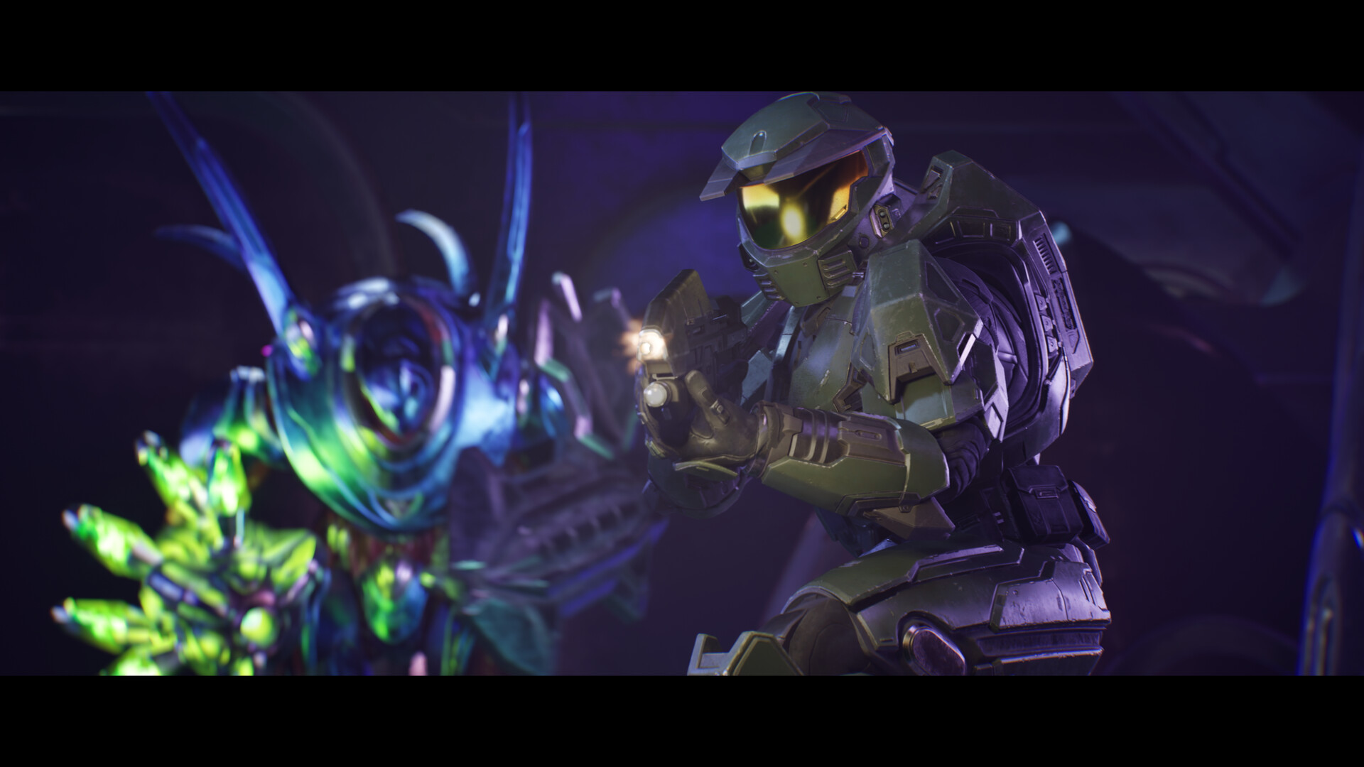 The Master Chief in a remade cutscene, weapon drawn