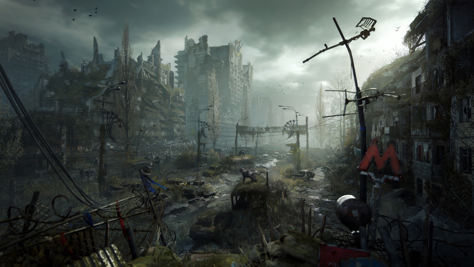The ruined, overgrown Moscow surface, with a Metro station entrance still standing among the collapsed buildings