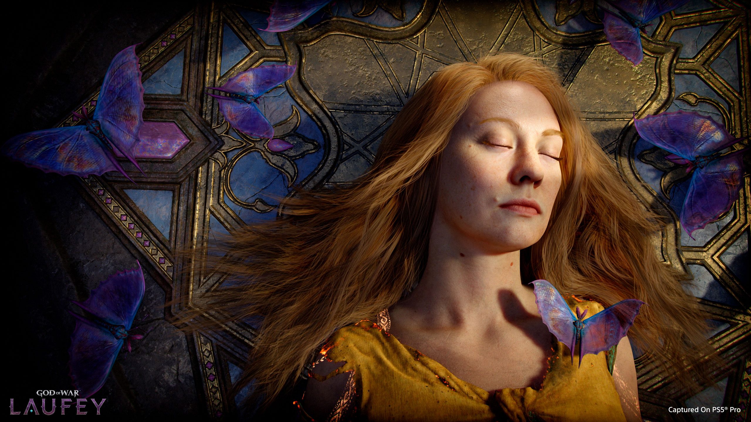 Faye lying with her eyes closed on an ornate stone surface, surrounded by iridescent purple butterflies, as she wakes in the afterlife