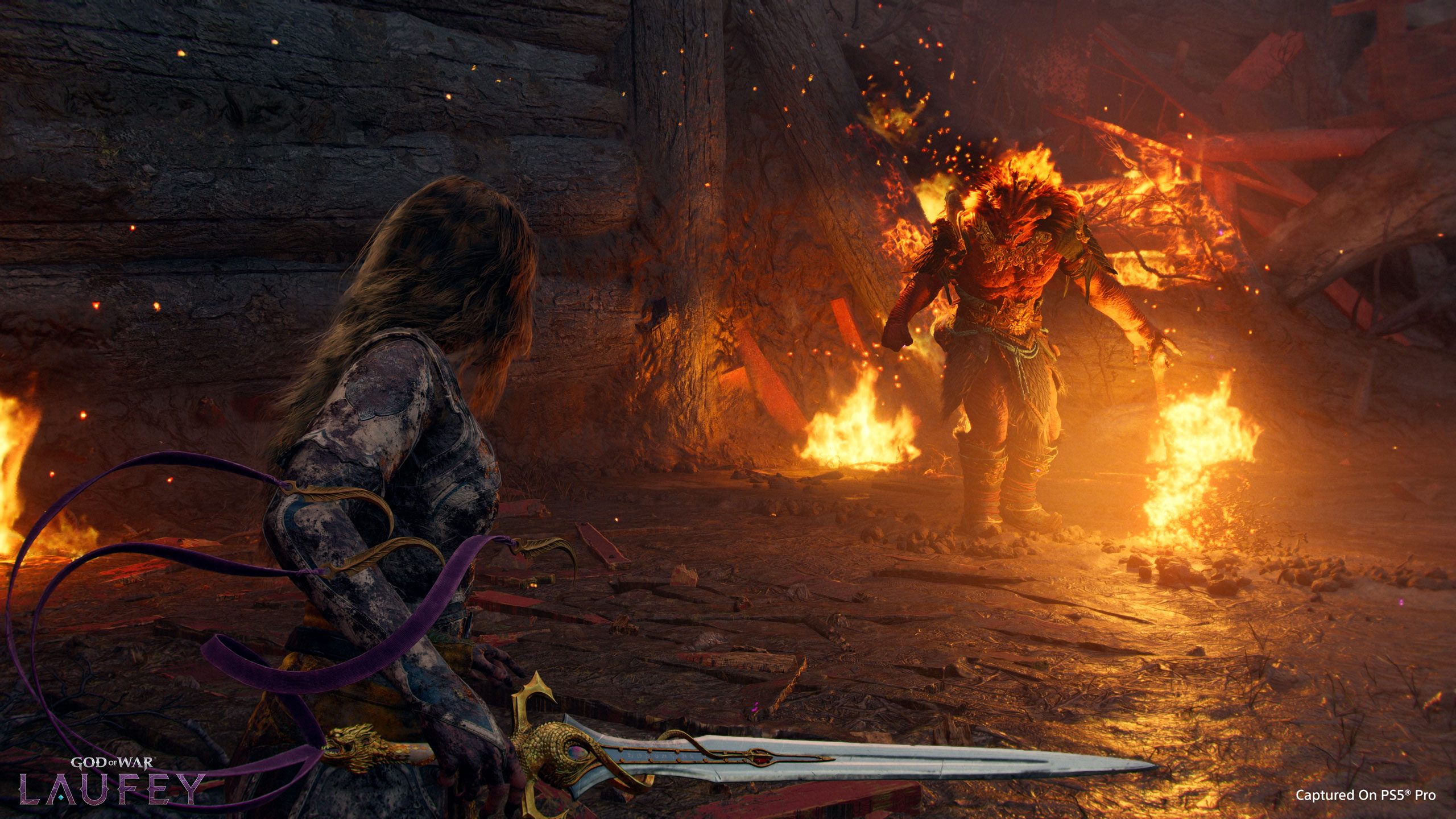 Faye crouched with her sword drawn and a purple ribbon trailing from her arm, facing a burning armoured enemy across a ruined chamber