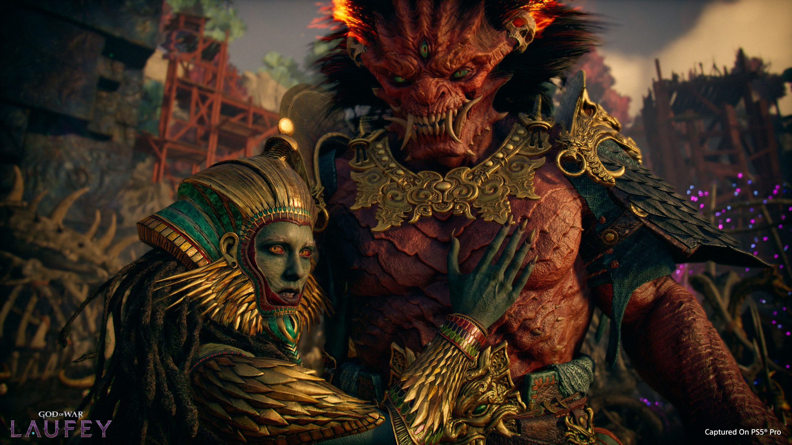 Sekhmet in a golden Egyptian headdress standing beside Begtse, a towering red-skinned demon in gold armour, in the ruins of The Everywhen
