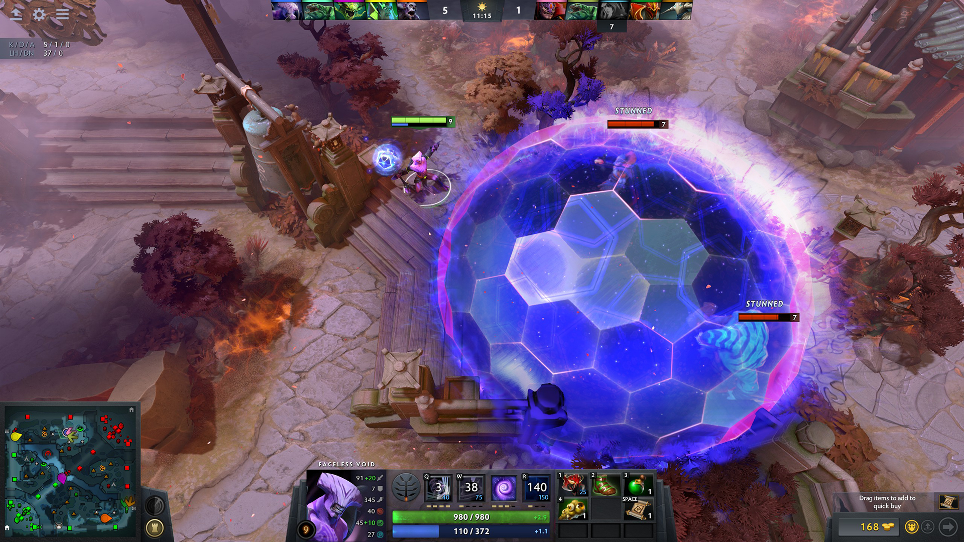 A Dota 2 teamfight erupting on the map, the kind of skirmish a two-week-old patch turns into a coin flip