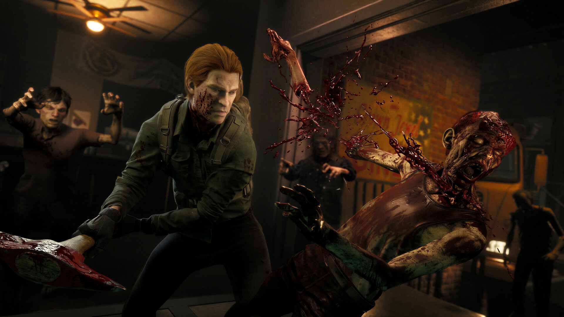 A survivor swinging a machete into a zombie in a dim shop interior in No More Room in Hell 2