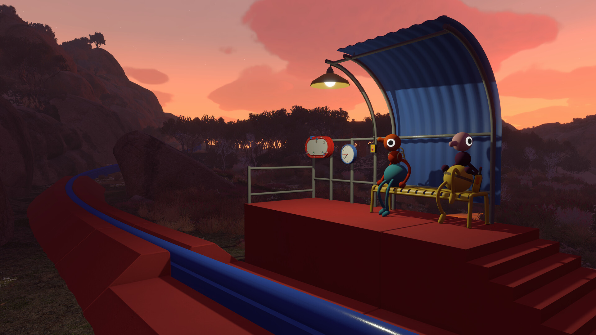 Two characters sitting at a bus stop at sunset in Big Walk, House House’s co-op adventure