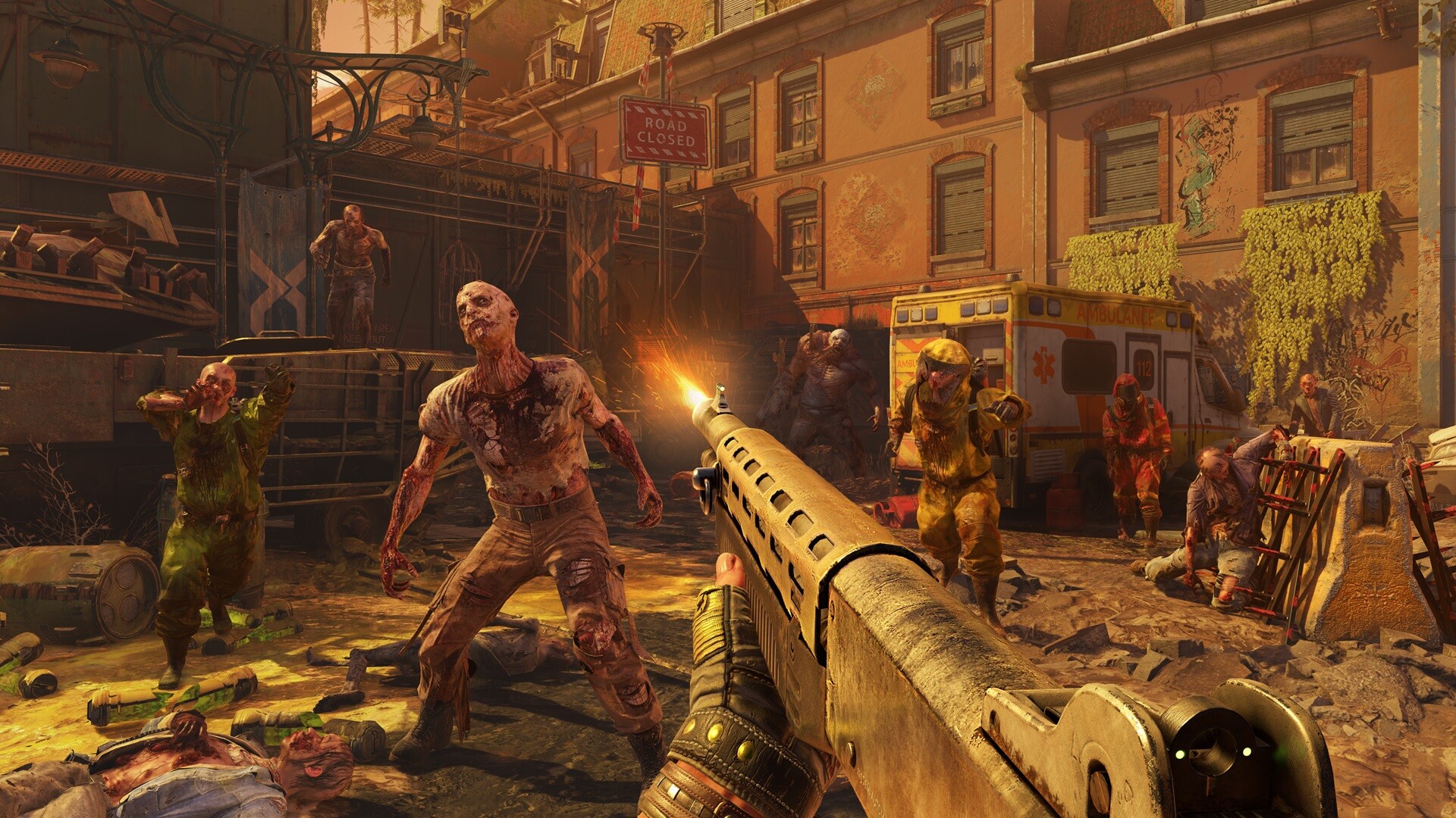 Aiden traversing the rooftops of Villedor in Dying Light 2 Stay Human, parkour over a city full of infected