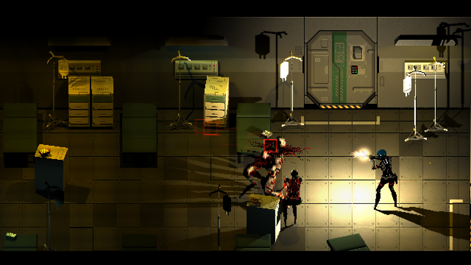 Elster firing on a mutated Replika in a dim hospital corridor in Signalis